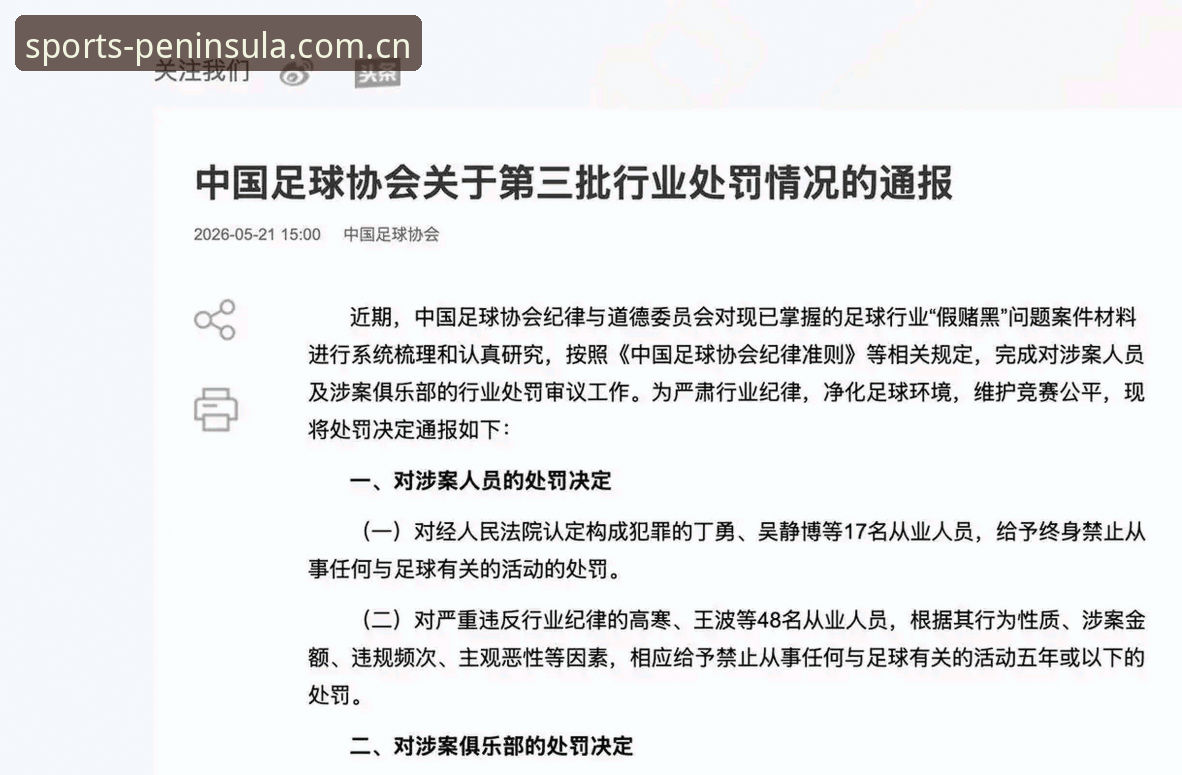 中国足协第三批禁足名单最新动态：17人被终身禁足，半岛体育平台实时赛事见证行业整顿